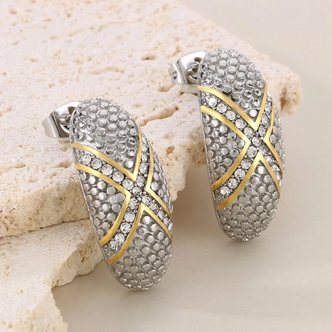 Vintage Oval Stud Earrings Stainless Steel Gold Silver Two Tone Cross Micro Rhinestone Light Luxury Jewelry For Women