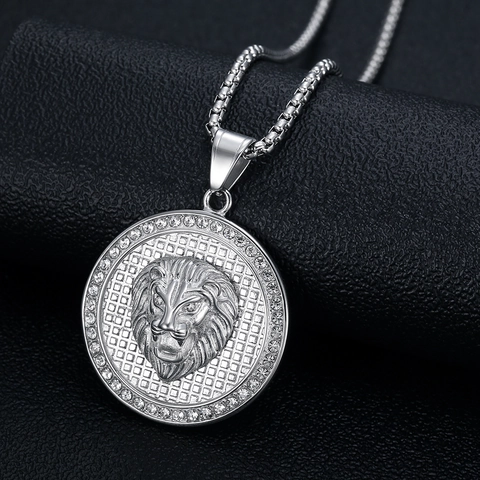 Hip Hop Titanium Steel Lion Head Pendant Necklace For Men Women Gold Silver Plated Rhinestone Animal Medallion Jewelry
