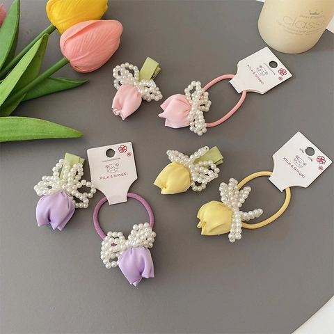 Pinza De Pelo Y Goma De Tulipán Con Perlas Artificiales Tela Diseño Floral Tocado Elegante Para Mujeres Y Niñas