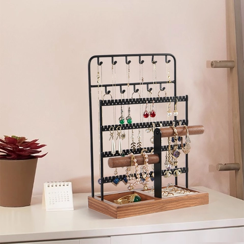 Jewelry Display Stand Metal And Wood Organizer For Necklace Earring Bracelet Ring Multi Layer Desktop Storage Holder