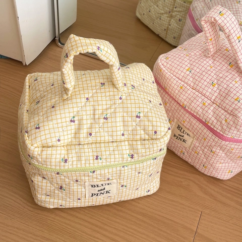 Borsa Per Trucco In Cotone Trapuntato Grande Capacità Pochette Per Cosmetici Da Viaggio Manico Superiore Motivo A Quadretti Ciliegia Stile Coreano Carino Donne