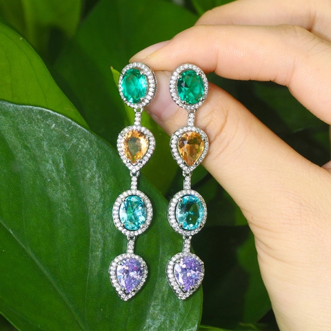 Boucles d'Oreilles Pendantes Longues en Cuivre de Luxe pour Femmes Colorées Zirconia Goutte d'Eau Gland Géométrique Bijoux Mariage