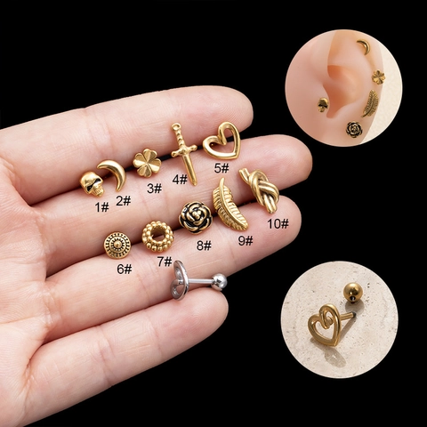 Boucles D'oreilles À Vis En Acier Inoxydable Vintage Punk Cœur Crâne Fleur Bijoux De Piercing Pour Femmes