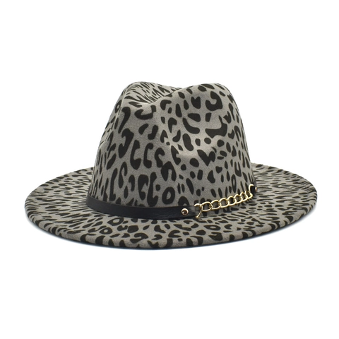 Cappello Fedora In Lana Con Stampa Leopardata Tesa Larga Fascia In Pelle E Catena Dorata Moda Autunno Inverno Unisex