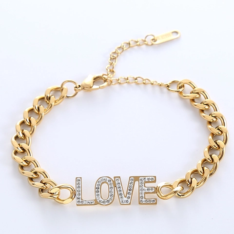 Pulsera De Cadena Cubana Con Letras Love De Acero Inoxidable 316L Con Diamantes De Imitación Joyería Hip Hop