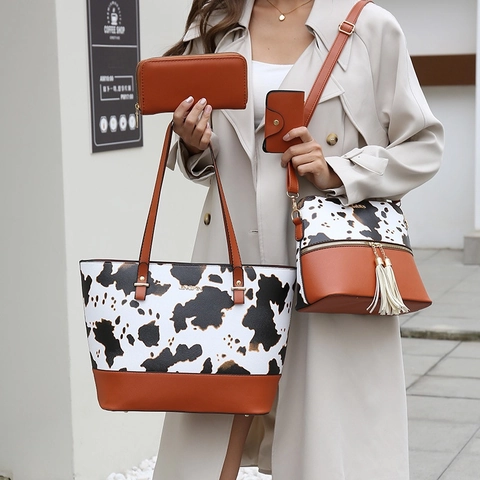 Women Bag Composite Collection PU Leather Cow Print Large Capacity Tote Shoulder Bag Crossbody Handbag Wallet Card Holder Trendy