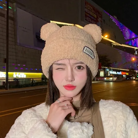 Cute Bear Ear Beanie Hat Winter Warm Teddy Fleece Thick Plush Cold Weather Outdoor Fashion Soft For Women
