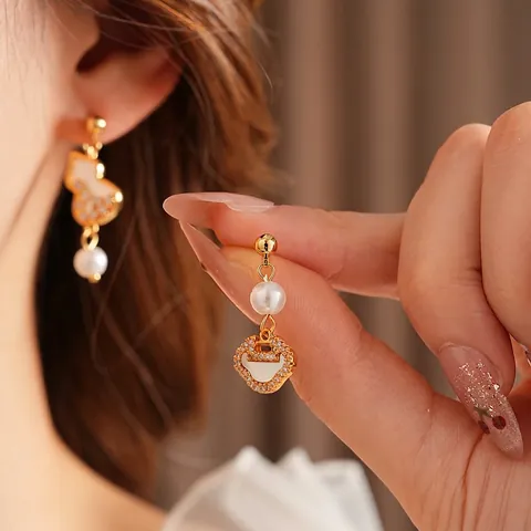 Asymmetric Drop Earrings Copper Gold Plated With Mother Of Artificial Pearl Zircon Faux Artificial Pearl Silver Earring Post Gourd Ruyi Lock