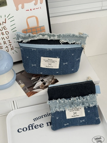 Borsa Porta Trucco In Denim Modello Con Fiocco Bordo Sfilacciato Patchwork Organizzatore Fodera A Quadretti Stile Ins