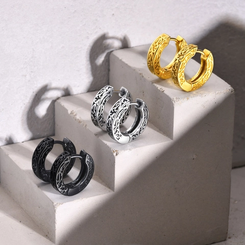 Men's Vintage Stainless Steel Patterned Hoop Earrings Celtic Viking Style Punk Hip Hop Huggie Jewelry For Men Gift