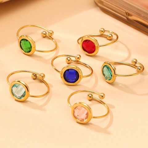 18K Vergoldeter Edelstahl Offener Ring Für Damen Bunter Runder Tschechischer Glasstein Minimalistischer Verstellbarer Ring
