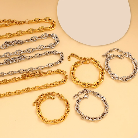 Mariner Link Necklace And Bracelet Stainless Steel 18k Gold Plated Anchor Chain Fashion Jewelry For Men Women