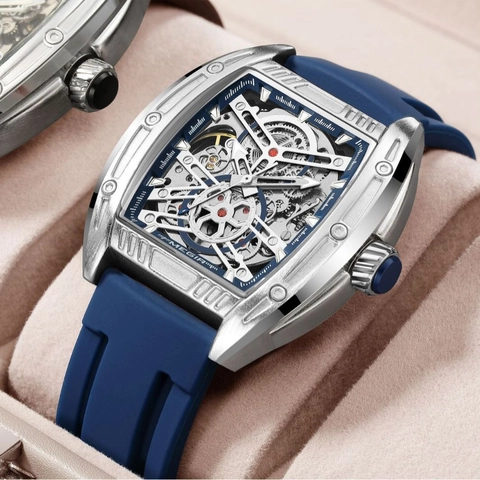 Orologio Meccanico Da Uomo Tonneau Scheletro Cassa In Lega Cinturino In Silicone Luminoso Impermeabile Sportivo