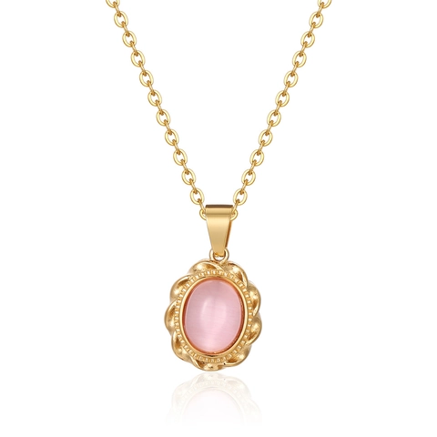 Collana Vintage Con Pietra Occhio Di Gatto Rosa Acciaio Inossidabile Design Di Nicchia Francese Pendente Geometrico Donna