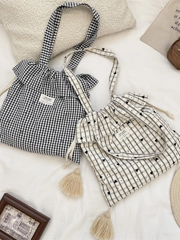 Τσάντα Gingham Με Σχέδιο Καρδιά Ρίγες Κορδόνι Τσάντα Ώμου Με Φούντες Στυλ Kawaii Γλυκό Για Γυναίκες