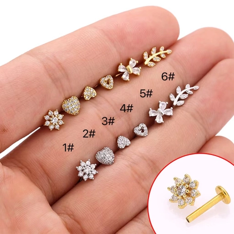 Zircon Inlaid Flower Heart Butterfly Leaf Labret Lip Studs Stainless Steel Flat Back Ear Cartilage Piercing Jewelry