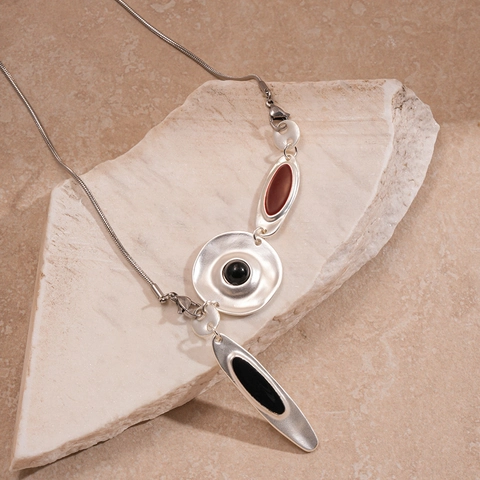 Geometric Pendant Necklace Alloy Silver Plated With Black Red Enamel Irregular Round Disc Modern Minimalist For Women
