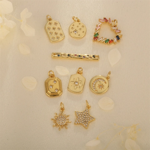 Gold Plated Copper Charms Pendants With Zircon Multi Color Stones For DIY Jewelry Making Star Moon Heart Shapes Elegant