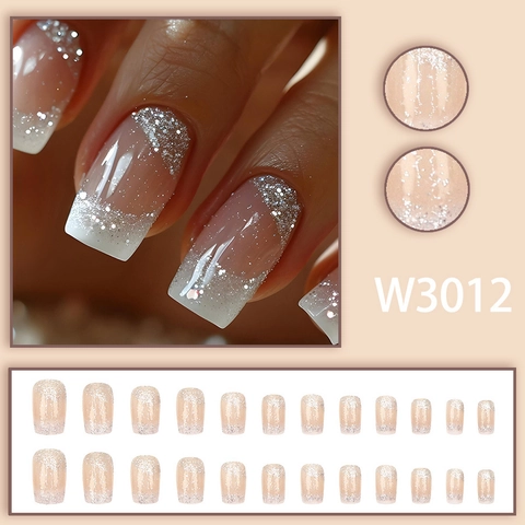 French Gradient Glitter Press On Nails Nude Apricot Glossy Square Shape Full Cover Artificial Nails