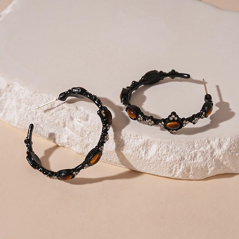 Retro C-Vorm Hoop Oorbellen Legering Tijgeroog Steen En Strass Met 925 Sterling Zilveren Oorsteker Geometrisch