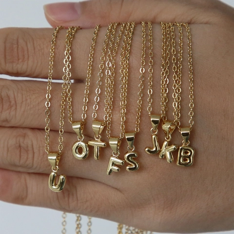 18K Gold Plated Brass Initial Letter Pendant Necklace 3D Bubble Balloon Alphabet Minimalist Jewelry For Women Girls
