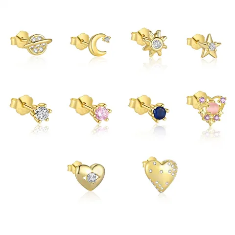 Orecchini a Bottone in Argento Sterling 925 Placcato Oro per Donna Cuore Stella Luna Zirconia Intarsiato Gioielli Celesti