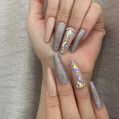 Uñas Postizas Largas Coffin Con Purpurina Plateada Y Pedrería Lujo Rosa Nude Brillantes Para Mujer Fiesta