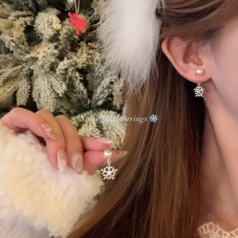 Snowflake Artificial Pearl Zircon Stud Earrings With 925 Sterling Silver Earring Post Elegant Winter Christmas Jewelry For Women