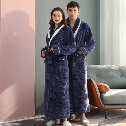 Flanell Bademantel Lang Dick Weich Warm Schalkragen Kontrastpaspel Nachtwäsche Hausmantel Für Herren Damen Paare