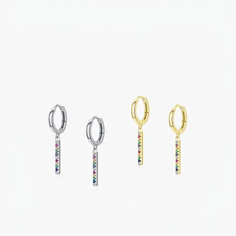 925 Sterling Silver Rainbow Colorful Cubic Zirconia Bar Pendant Hoop Earrings For Women Minimalist Dainty Jewelry