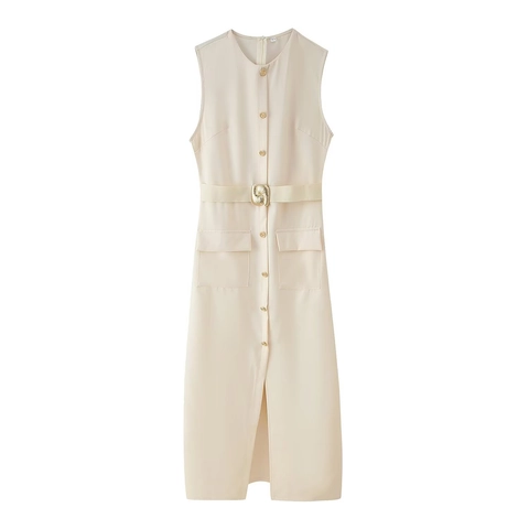 Elegant Sleeveless Round Neck Single Breasted Midi Dress With Belt Pockets Solid Color Slim Fit Fashion Women Dress