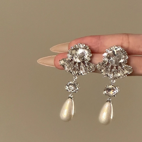 Pendientes Colgantes De Aleación Con Flor De Strass Imitación Perla Artificial De Gota Y Poste De Plata De Ley 925 Retro Francés