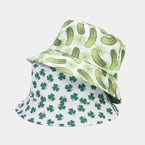 Unisex Summer Outdoor Print Bucket Hat Shamrock Pickle Pattern Sun Protection Foldable Polyester Fisherman Hat Travel Cap
