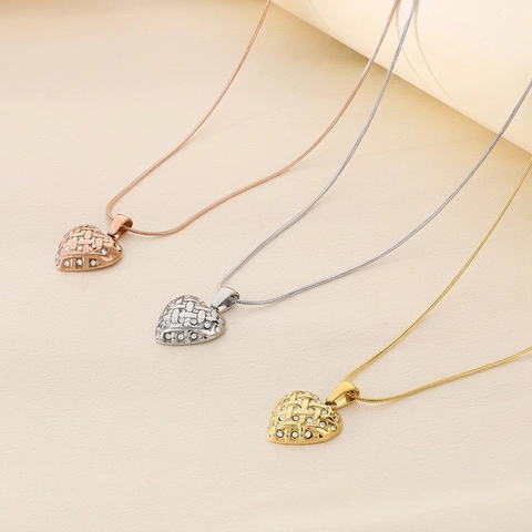 Collar Con Colgante De Corazón Y Pendientes Joyería Acero Inoxidable Textura Tejida Diamantes De Imitación Para Mujer