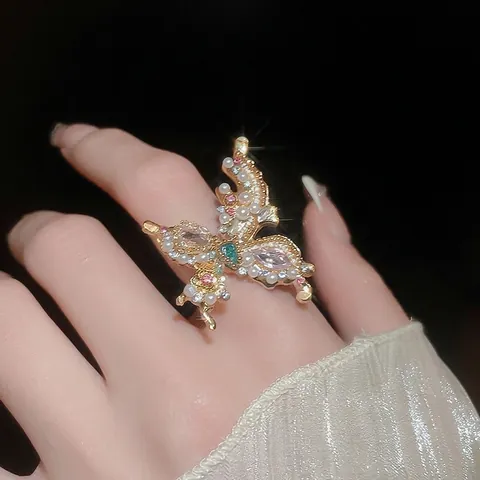 Vlinder Ring Legering Imitatieparel Kristal Vintage Franse Stijl Elegante Sieraden Voor Dames