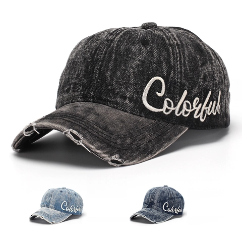 Vintage Washed Cotton Denim Baseball Cap Adjustable Sun Protection Distressed Letter Embroidery Street Style Women Men