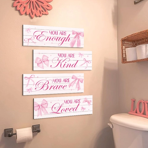 Inspirierende Wandplaketten Aus Holz Hängeschilder Für Zuhause Badezimmer Schlafzimmer Rosa Schleife MDF Holz Dekorationen