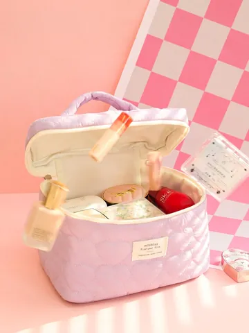 Quilted Heart Makeup Bag Large Capacity Portable Polyester Storage Pouch Travel Toiletry Case Sweet Macaron Colors