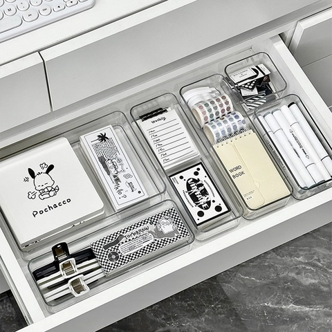 Transparent PET Plastic Drawer Organizer Trays Clear Stackable Desktop Storage Box For Stationery Makeup Vanity Organization