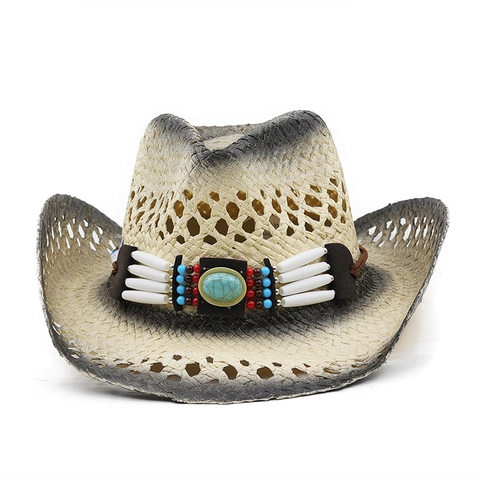 Chapeau De Cow-Boy En Paille Western Avec Perles Turquoise Ethnique Creux Respirant Chapeau De Soleil Pour Hommes Femmes