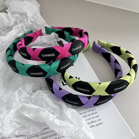 Retro Braided Headband Fabric Cross Weave Letter Print High Top Candy Color Hair Band For Women