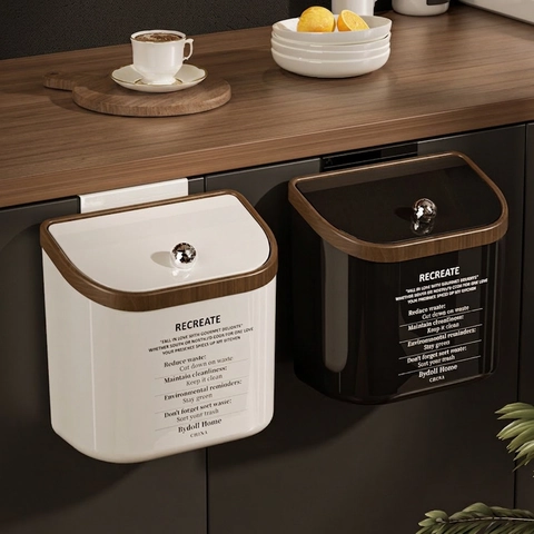 Wall Mounted Kitchen Trash Can Hanging Waste Bin With Wood Grain Trim Slide And Flip Lid For Cabinet Door Vintage Plastic
