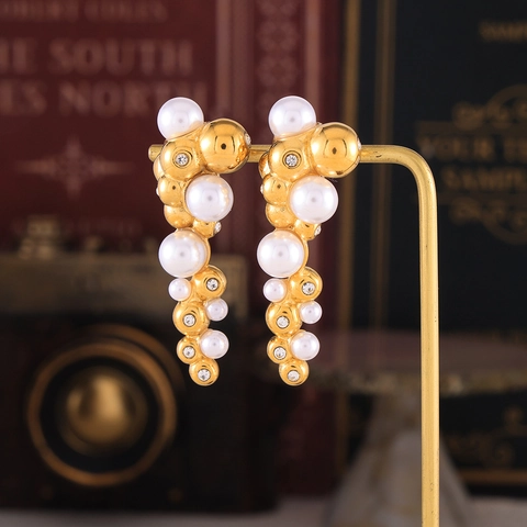 Franse Vintage Cluster Oorbellen Onregelmatig Titanium Staal 18K Verguld Met Imitatieparels En Strass Steentjes