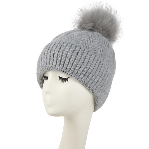 Women Winter Knit Beanie Hat Fleece Lined Warm Thickened Acrylic Solid Color With Faux Fur Pom Pom Outdoor Cold Weather