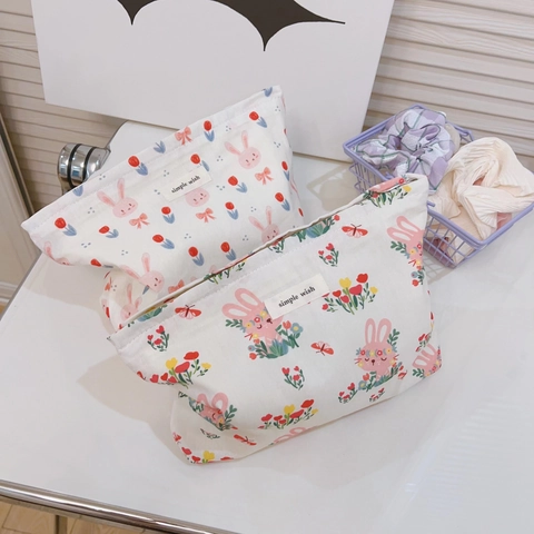 Pochette Per Trucco Carina Con Stampa Coniglio Floreale In Tela Di Cotone Astuccio Organizer Cerniera Per Donne Trucco