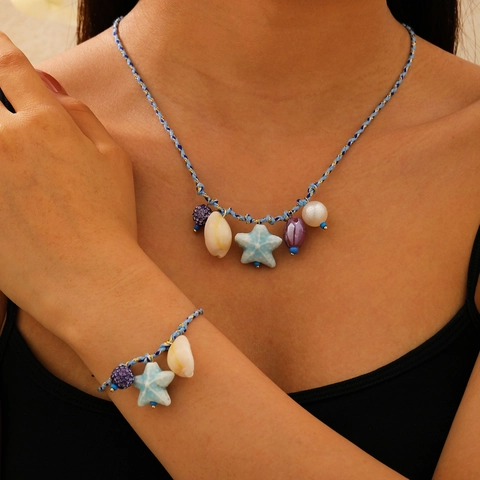 Bohemian Ocean Shell Starfish Pendant Necklace And Bracelet For Women Ceramic Fish Colorful Rope Summer Beach Jewelry