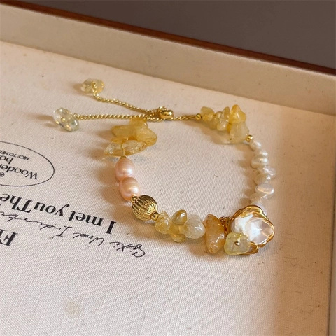 Natural Citrine Freshwater Pearl Bracelet Baroque Handcrafted Adjustable Pull Chain Gold Plated Crystal Women Jewelry