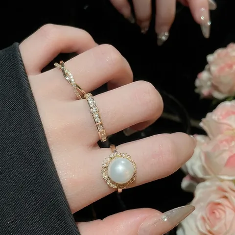 Adjustable Artificial Pearl Flower Ring With Cubic Zirconia Copper Gold Plated Luxury French Palace Style Fashion Jewelry For Women