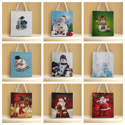 Christmas Tote Bag Polyester Canvas Reusable Shopping Handbag Festive Holiday Party Gift Santa Snowman Print