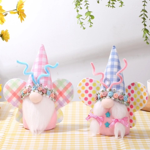 Pasen Vlinder Gnome Pluche Pop Ornament Met Geruite Hoed Vleugels Gezichtloos Rudolph Beeldje Lente Huis Decoratie
